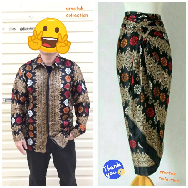 Couple Batik Hem CBPJL04 Kemeja Pria Tangan Panjang dan Rok Lilit Serut Hitam Songket Semi Sutera