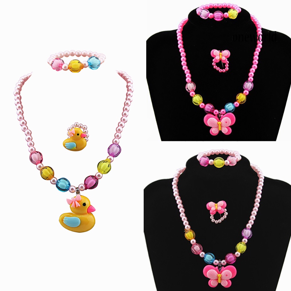 OW@ 3Pcs Girls Yellow Duck Butterfly Candy Bead Ring Necklace Bracelet Jewelry Set