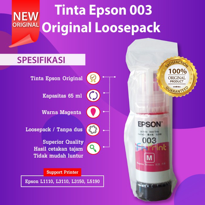 TINTA EPSON 003 BLACK ORIGINAL ORI HITAM RESMI PRINTER L1110 L1210 L1250 L1256 L3100 L3110 L3116 L3210 L3216 L3150 L3156 L3250 L3256 L5190 L5290 L5296