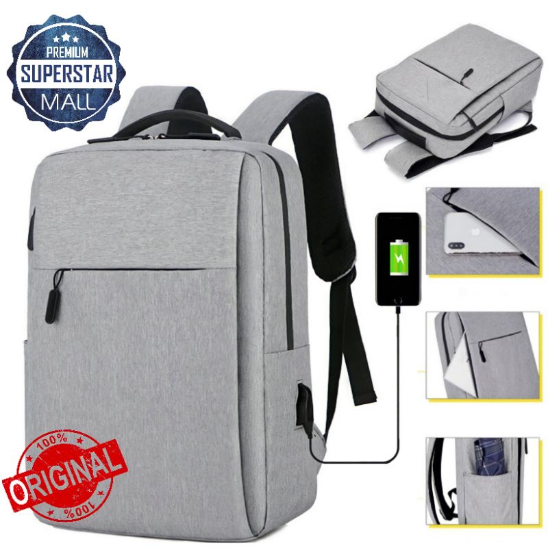 Tas Ransel Laptop Dengan Slot Usb Original kanvas Korea Style Casual Murah