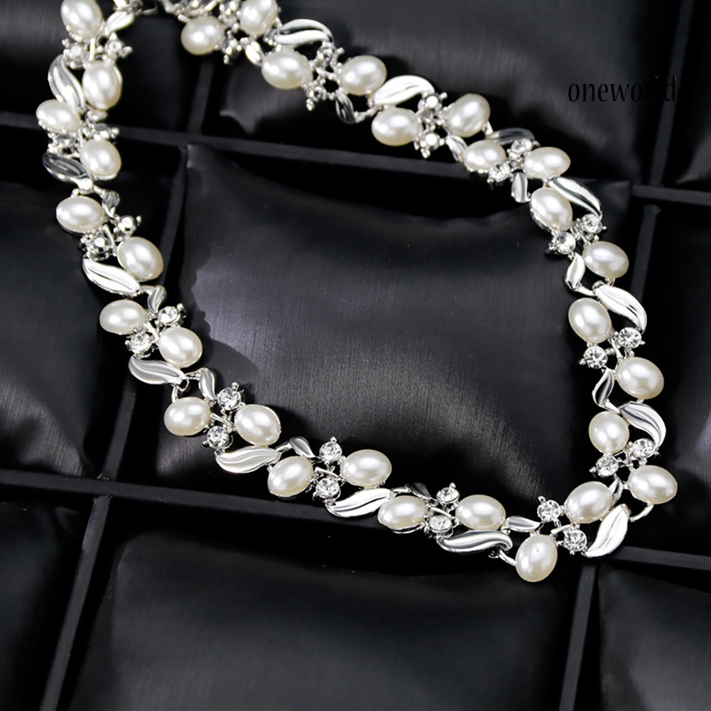 OW@ Fashion Rhinestone Faux Pearl Necklace Earrings Women Bride Wedding Jewelry Set