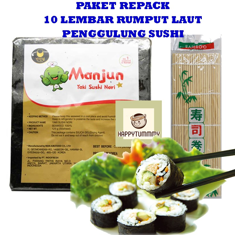 Manjun Nori HALAL PAKET 10 Lembar + sushimat Seaweed Rumput Laut Sushi Gimbap Korean Yaki