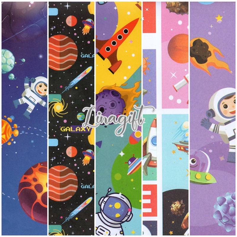 ( 5 Lembar ) KERTAS KADO SQ DOFF - GIFT WRAPPING PAPER ASTRONUT / SPACE / ROCKET / ALIEN / MOON / PLANET / UNIVERSE / GALAXY SEMI DOFF