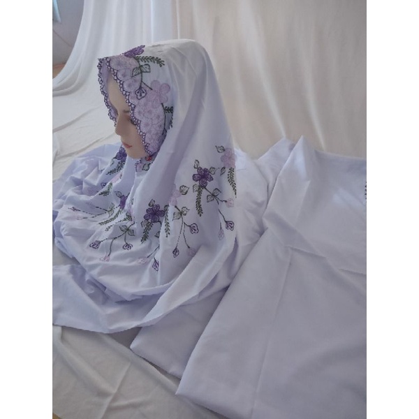 MUKENA DEWASA TERUSAN PUTIH PANJANG LAJURAN MOTIF BORDIR BUNGA KAIN KATUN POLINO MIKRO NYAMAN | MUKE