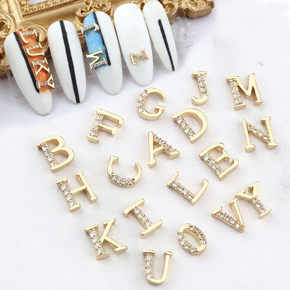 AUGUSTINA Agustina 26huruf Dekorasi Nail Art Flash Alphabet Mewah A-Z Huruf Inggris Perhiasan Kuku DIY