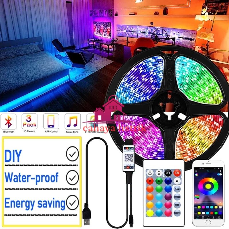 Paket Lampu LED Strip RGB 5V USB 5M 5050 IP44 3 TOMBOL Controller mini Bluetooth Tv Warna Warni