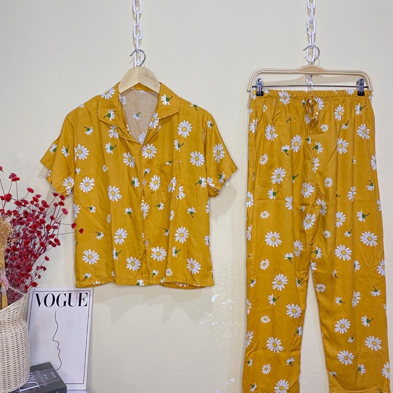 SETELAN LENGAN PENDEK PIYAMA BAJU TIDUR WANITA CEWEK BUSUI ONE SET RAYON MOTIF-KCPJ Daisy Mustard