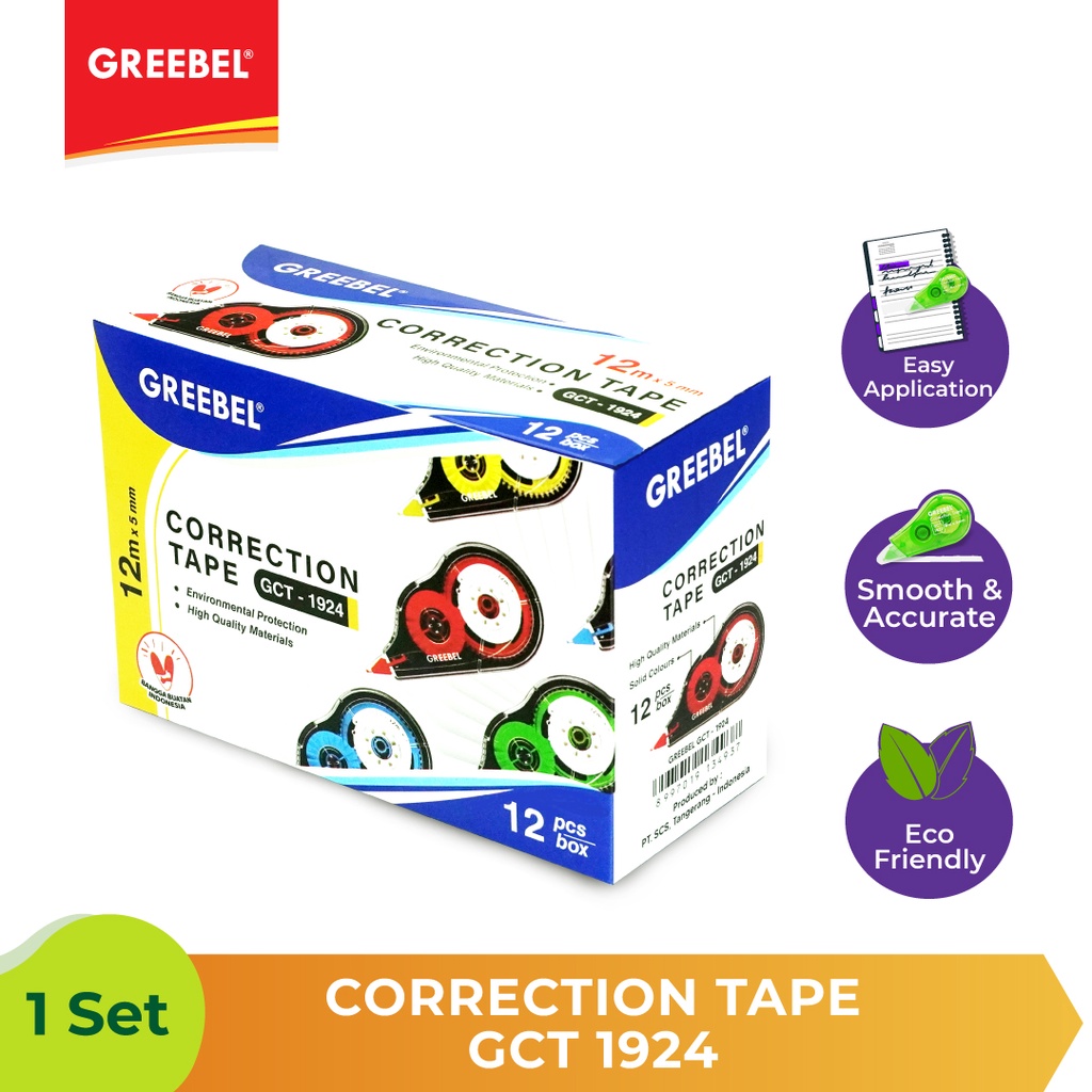 

Greebel - Tipe ex Kertas Greebel GCT 1924 | Correction Tape | Tipe ex Roll Greebel 12 meter, Bisa Pilih Warna Merah Biru Kuning Hijau