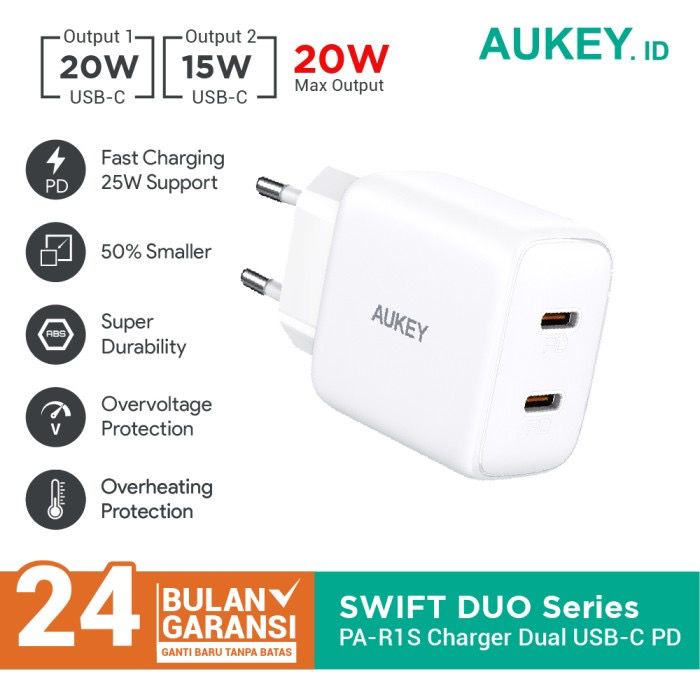 Aukey Adapter Dual Type C PD - 20W - SKU : 501246 / 501255 / 501726 - PA-R1S - Garansi Resmi 2 Tahun