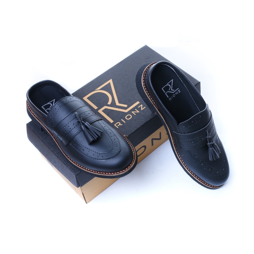 RIONZ MARKES BLACK BROWN - Sepatu Kulit PU Asli Casual Santai Slip On Pria Hitam Coklat Mules Slop Tutong Bustong Cowok Dewasa Semi Formal Pria Kantor Pesta Kondangan Gereja Original Murah Trendy Terbaru Terlaris