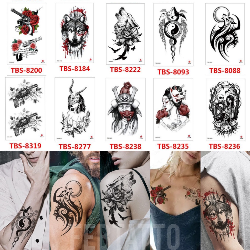 Grosir Stiker Tato / Tato Temporer 12x19cm Motif Aesthetic Tatto Temporary pestol singa tengkorak wanita topeng