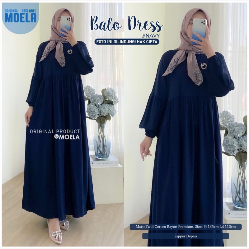 Gamis dress rayon polos Amora/Anse/Celin/Baisa/Biumi/Molin/Ciaji/Jihas/Flate/Tosti/Milly/Tisa/Siuti/Chesa/Fimel/Yapi/Lilci/Balo/Polse/Rensi/Silom/Neta/Rome by Moela berlabel-Balo navy
