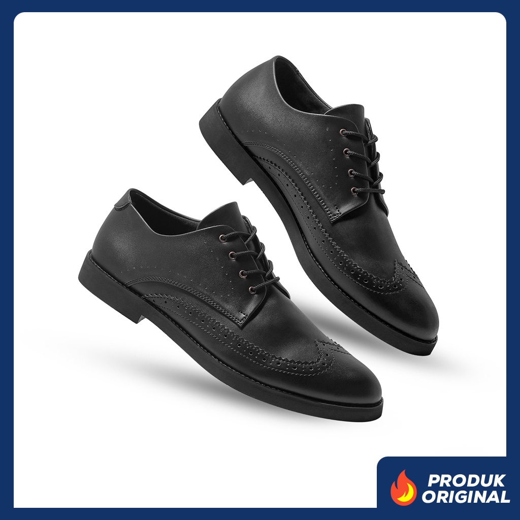 LEGACY BLACK ORIGINAL x LVNATICA Sepatu Formal Hitam Tali Pria Pantofel Kerja Kantor Dinas Resmi Guru PNS Kantoran Pesta Undangan Kondangan Nikah Wisuda Kuliah Brogue Wingtip Derby Oxford Semi Kulit Premium Footwear Big Size Jumbo Ukuran Besar 44 Keren