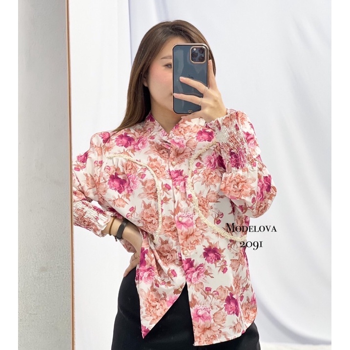 MDLV ~ 2091 MELROSE SMOCKED SLEEVE SHIRT BLOUSE IMPORT WOMEN PREMIUM BLOUSE  ATASAN LENGAN PANJANG FASHION IMPORT WANITA