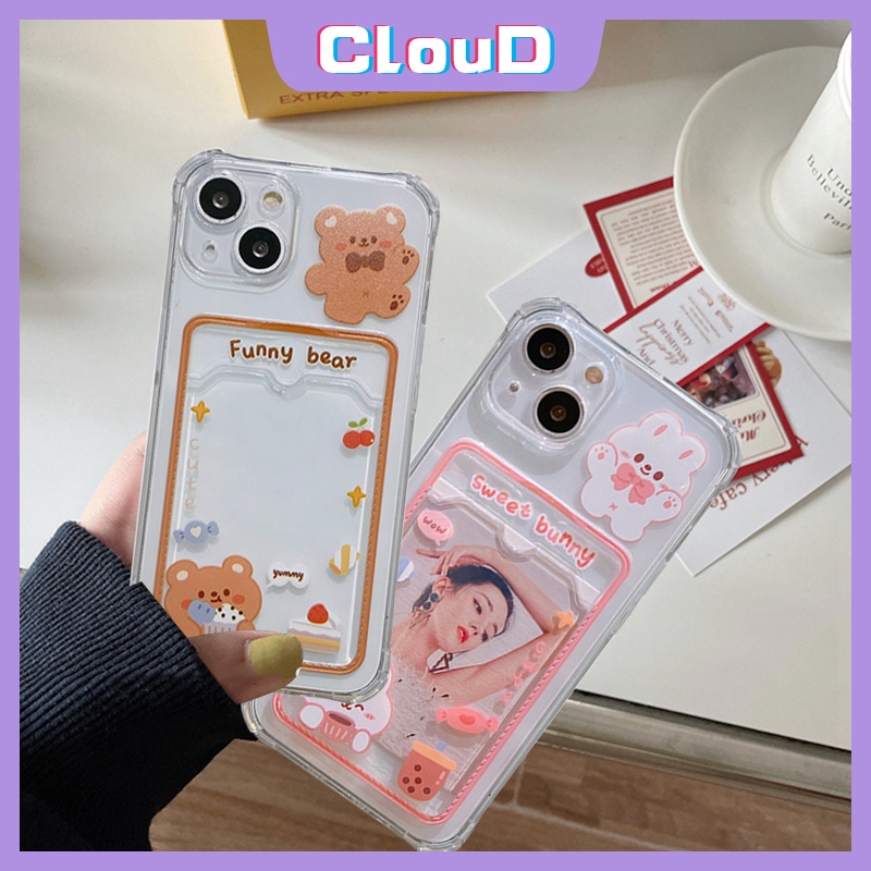 Soft Case Tpu Transparan Motif Kartun Kelinci Beruang Dengan Slot Kartu Untuk iPhone XR X XS Max 7 8 Plus 11 13 12 Pro Max 6 6s Plus SE 2020