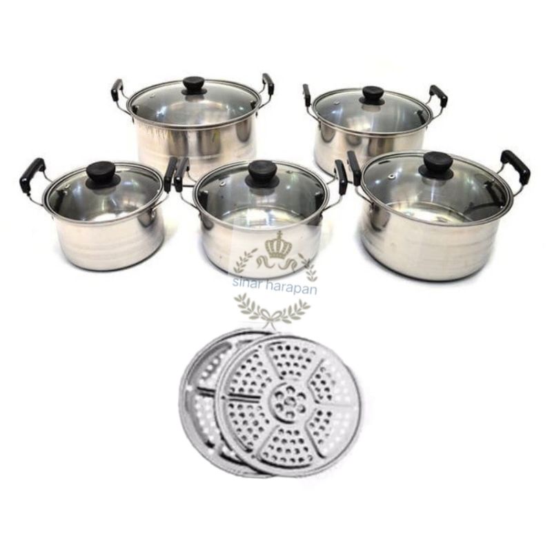 PANCI SET ISI 5 PCS STAINLESS tutup KACA +STEAMER KUKUSAN 2PCS