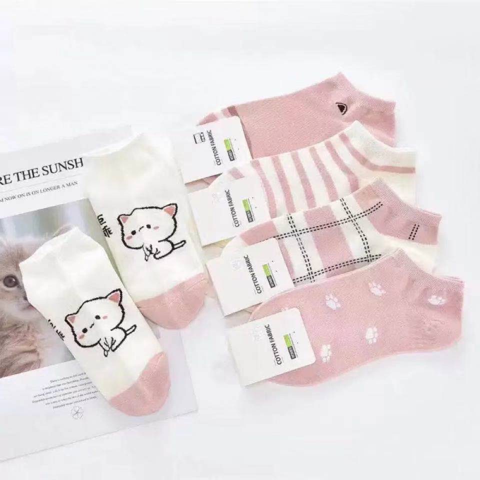 ♫ Megata ♫ A103 Kaos Kaki Wanita Motif Pink Cat Kucing Meow Fashion Korea Women Sock Import Murah