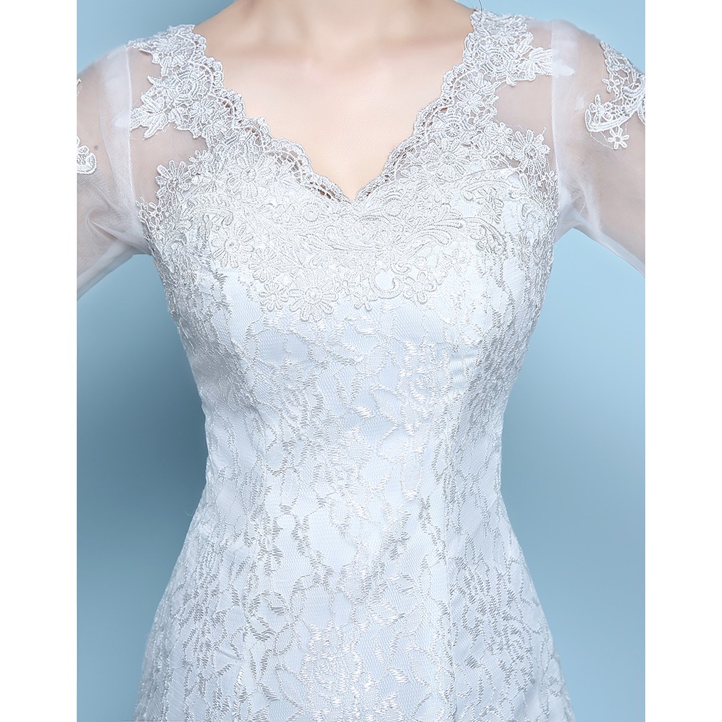 Women Bridal White Mermaid Long Tail Wedding Dress V-neck Half Sleeve Lace Embroidery Wedding Guan