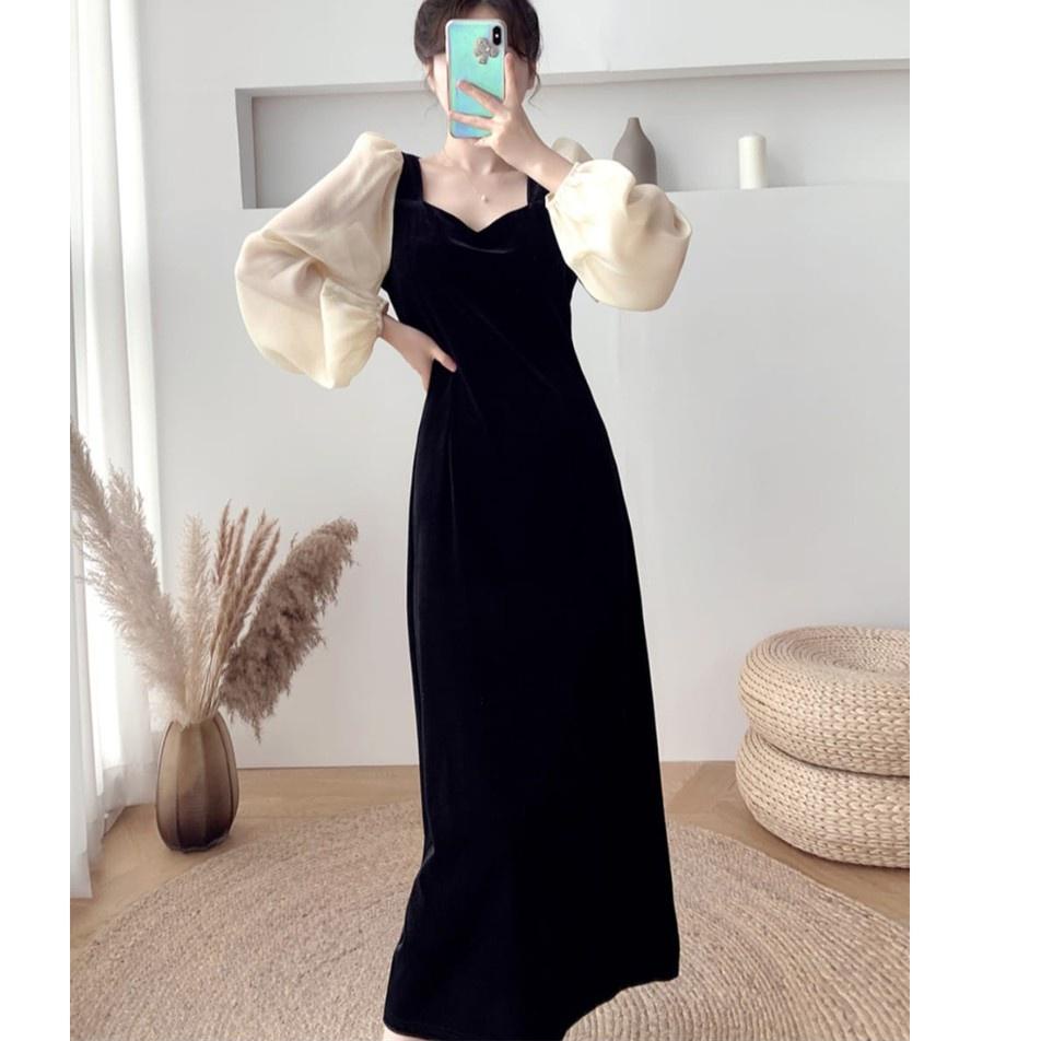(HARGA SPESIAL) Dress Hitam Import Enzisme hitam Korean Dress Lengan Panjang Black Dress Pesta Konda