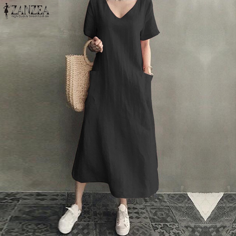 ZANZEA Women Short Sleeve V Neck Ethnic Party Plus Size Long Dress