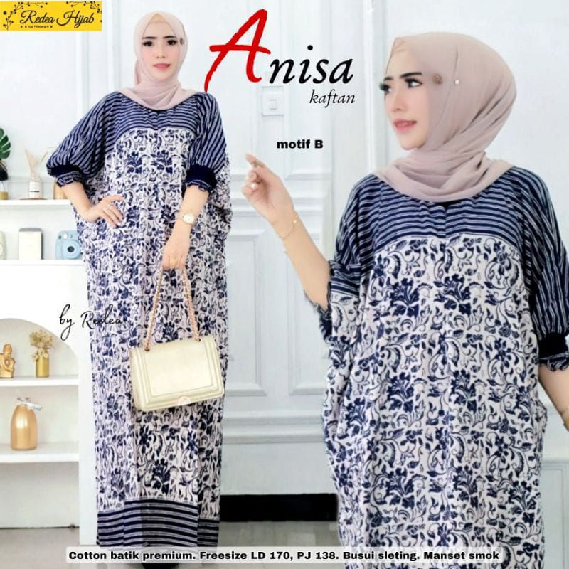 Aktsara Batik - Kaftan Wanita Kaftan Dress Modern Hijab Kaftan Cap Jumbo XXXXL Motif Anisa Blue Mono
