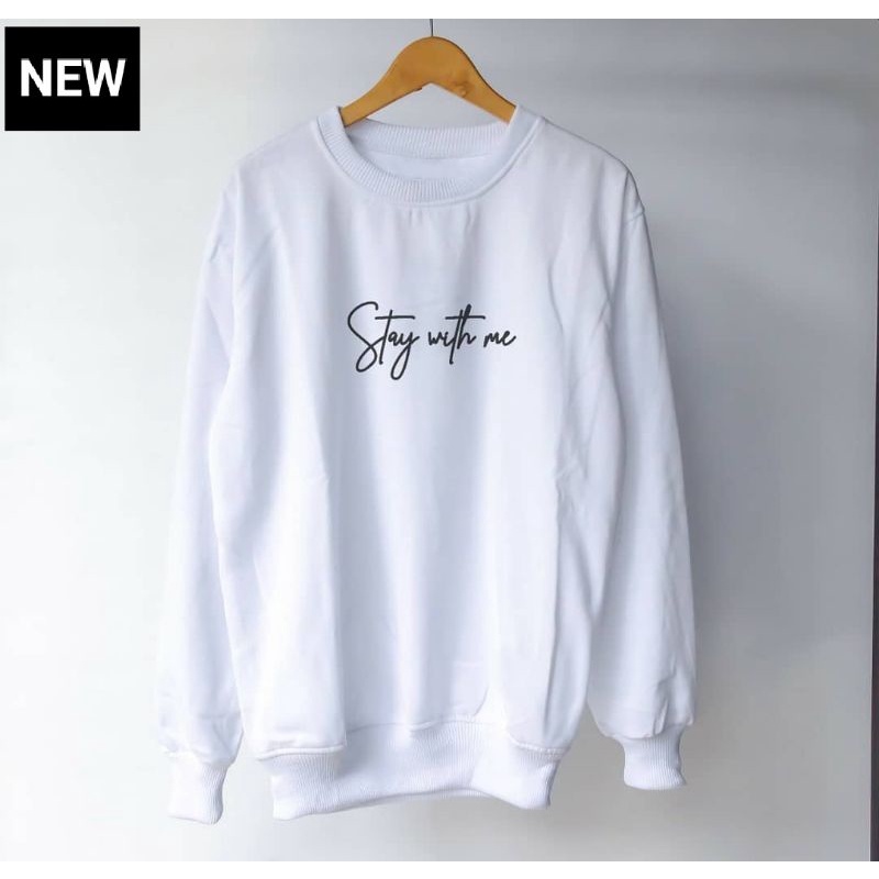 Sweater Crewneck SweatShirt Pria/Wanita Distro Original Putih Bahan Fleece Tebal Motif Simple Stay W