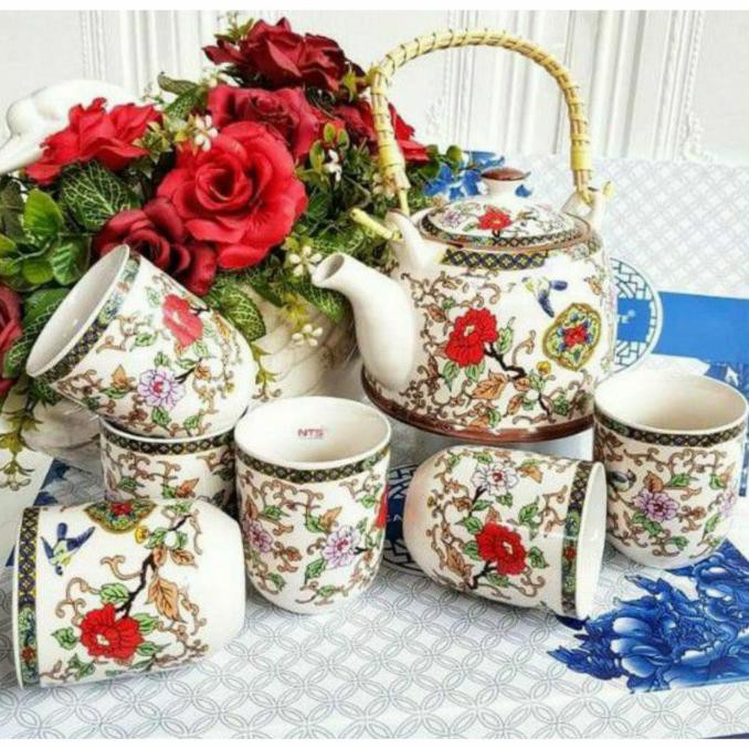 TEA SET KERAMIK JEPANG CAPODIMONTE MOTIF FLYING BIRD - ABCF