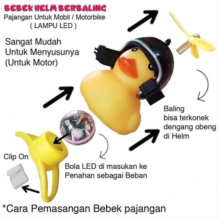 BEBEK KUNING PAKAI HELM DENGAN BALING LED AKSESORIS DEKORASI MOBIL DAN SEPEDA BELL / BEBEK BALING