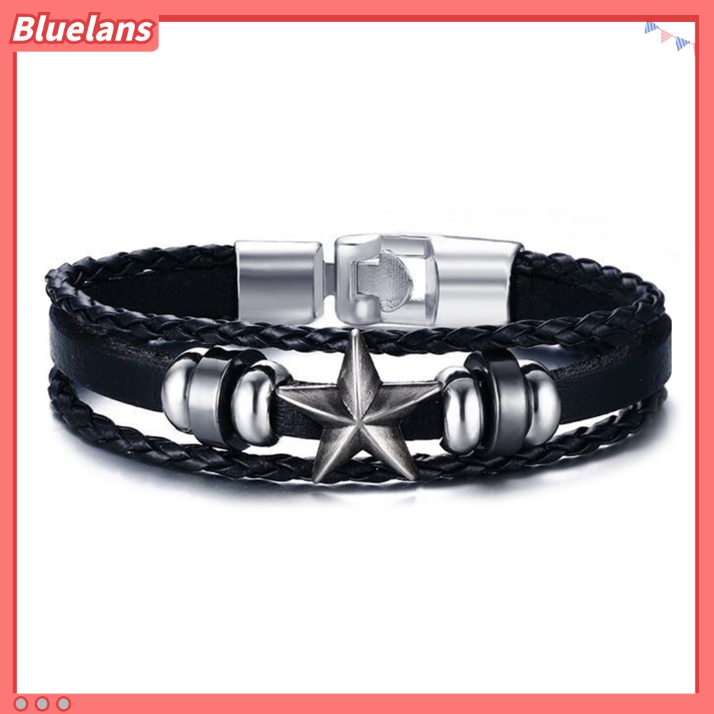 Bluelans Men Punk Star Alloy Charm Multilayer Braided Faux Leather Bracelet Jewelry