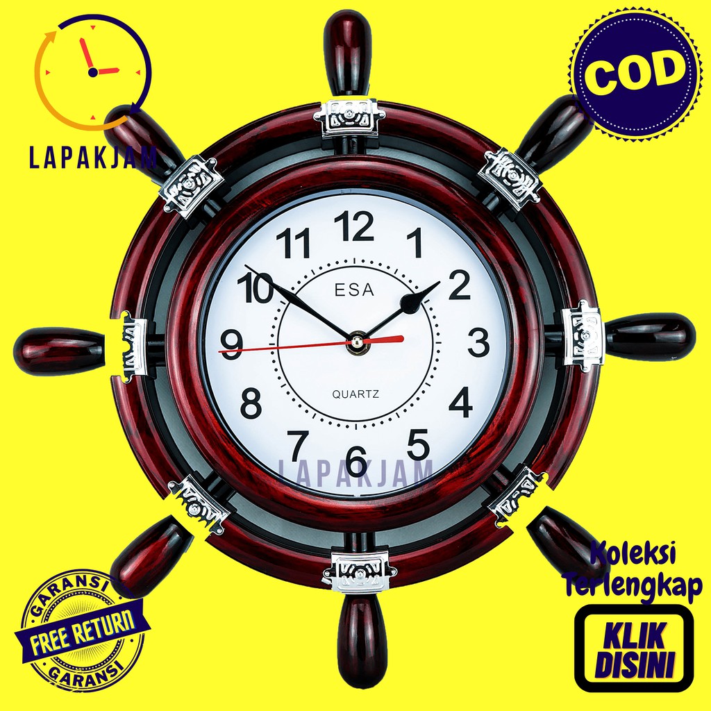 Jam Dinding Quartz Dekorasi Kamar Jangkar Kemudi Kapal Unik Besar Esa E30 Coklat Bagus