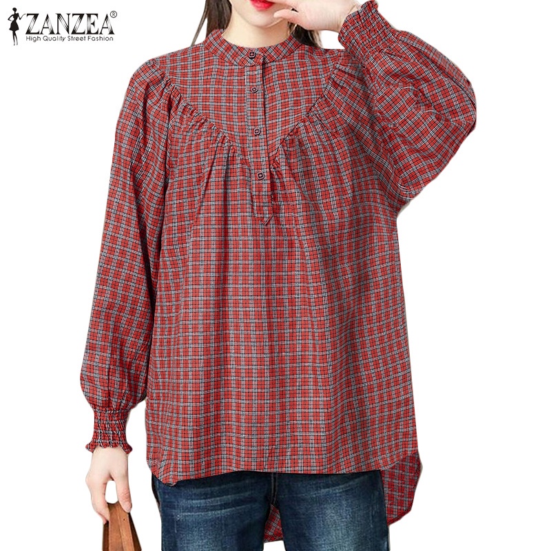 ZANZEA Women Long Sleeve Elastic Cuffs Fashion Grid Printed Casual Blouse