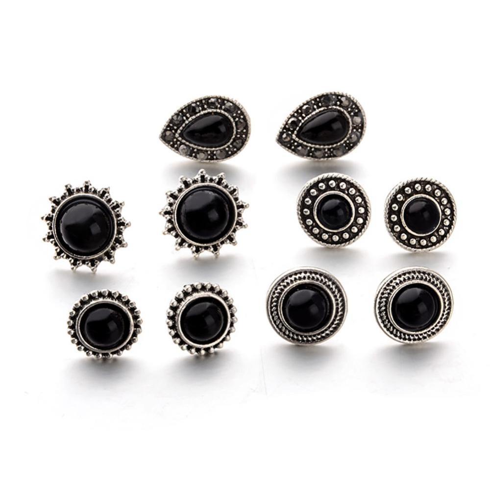 Timekey 5 Pasang / set Anting Tusuk Vintage Bentuk Bunga / Tetesan Air Hias Kristal Hitam Untuk Wanita A9K1