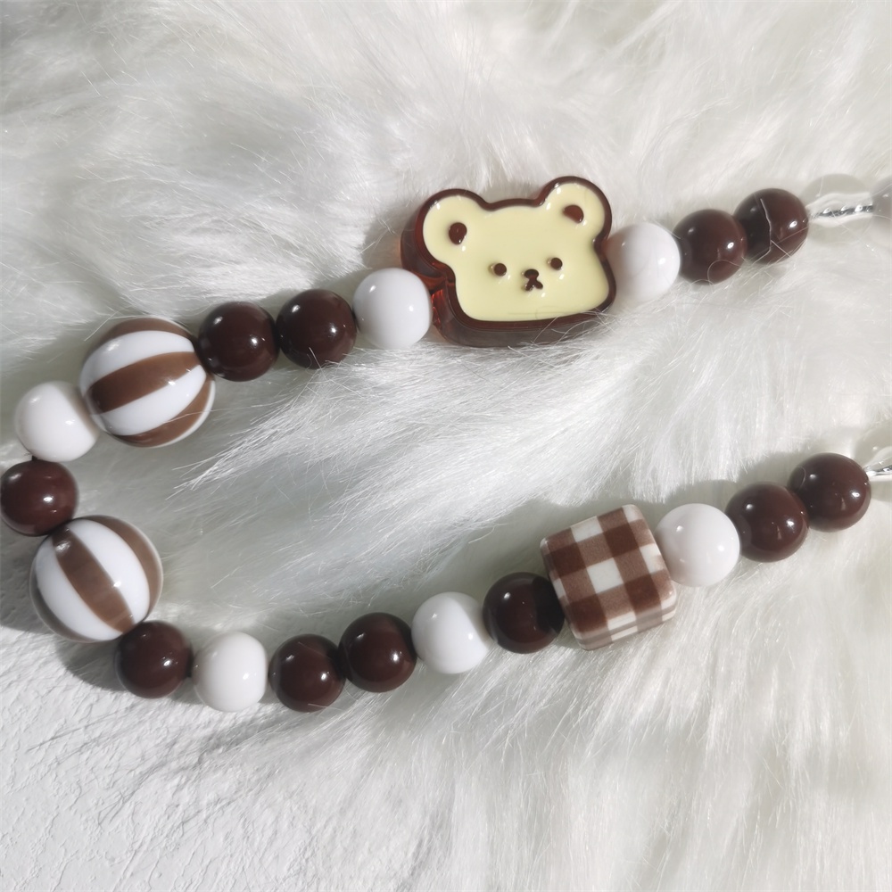 Tali Lanyard Manik-Manik Mutiara Akrilik Anti Hilang Motif Beruang Coklat Untuk Case Hp