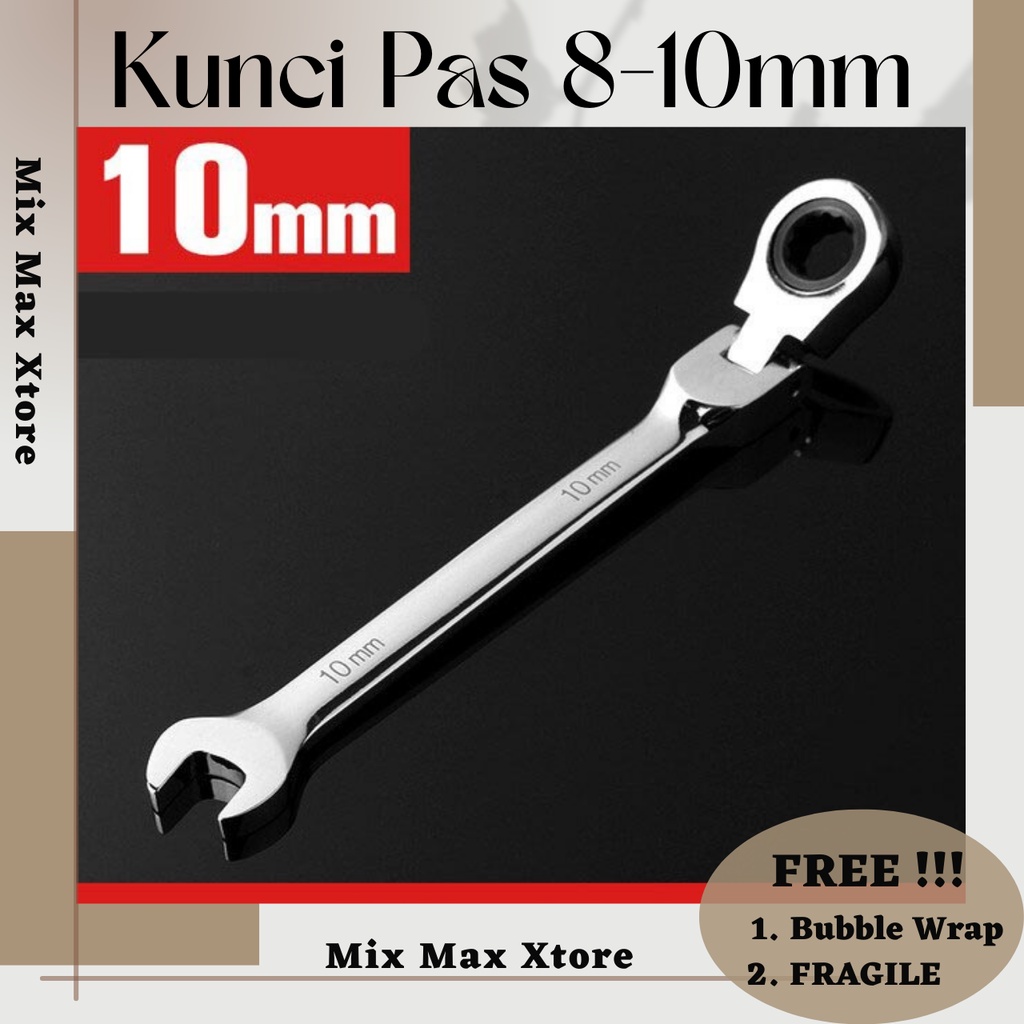 Kunci Pas Dual Head Flexible Head 8 - 10mm Combination Ratchet Wrench - Silver