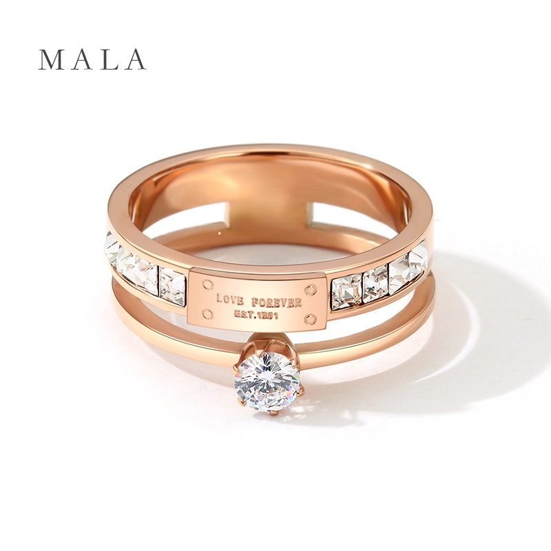 Cincin Berlian Ganda Bahan Titanium Steel Warna Rose Gold Gaya Retro Korea Untuk Wanita