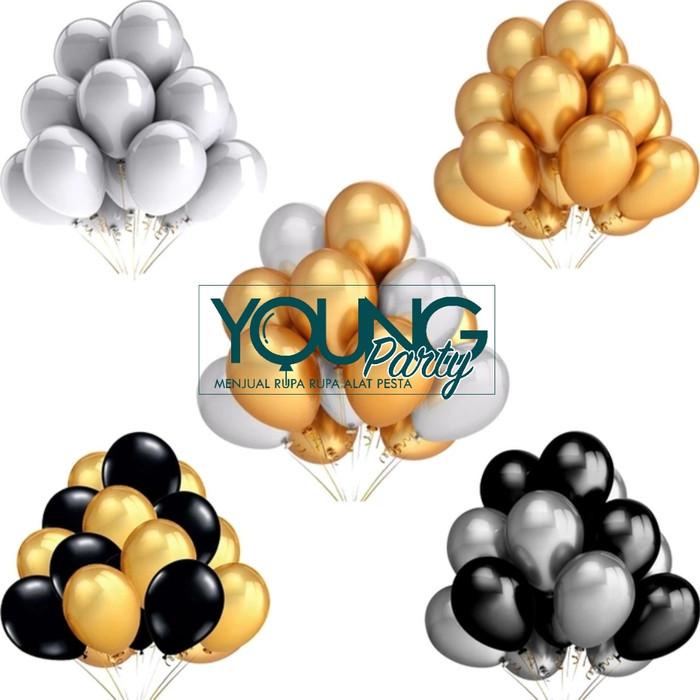 Nay Balon / Balon Latex Warna Gold,Putih,Hitam/Balon Metalik Isi 50 Per Pack