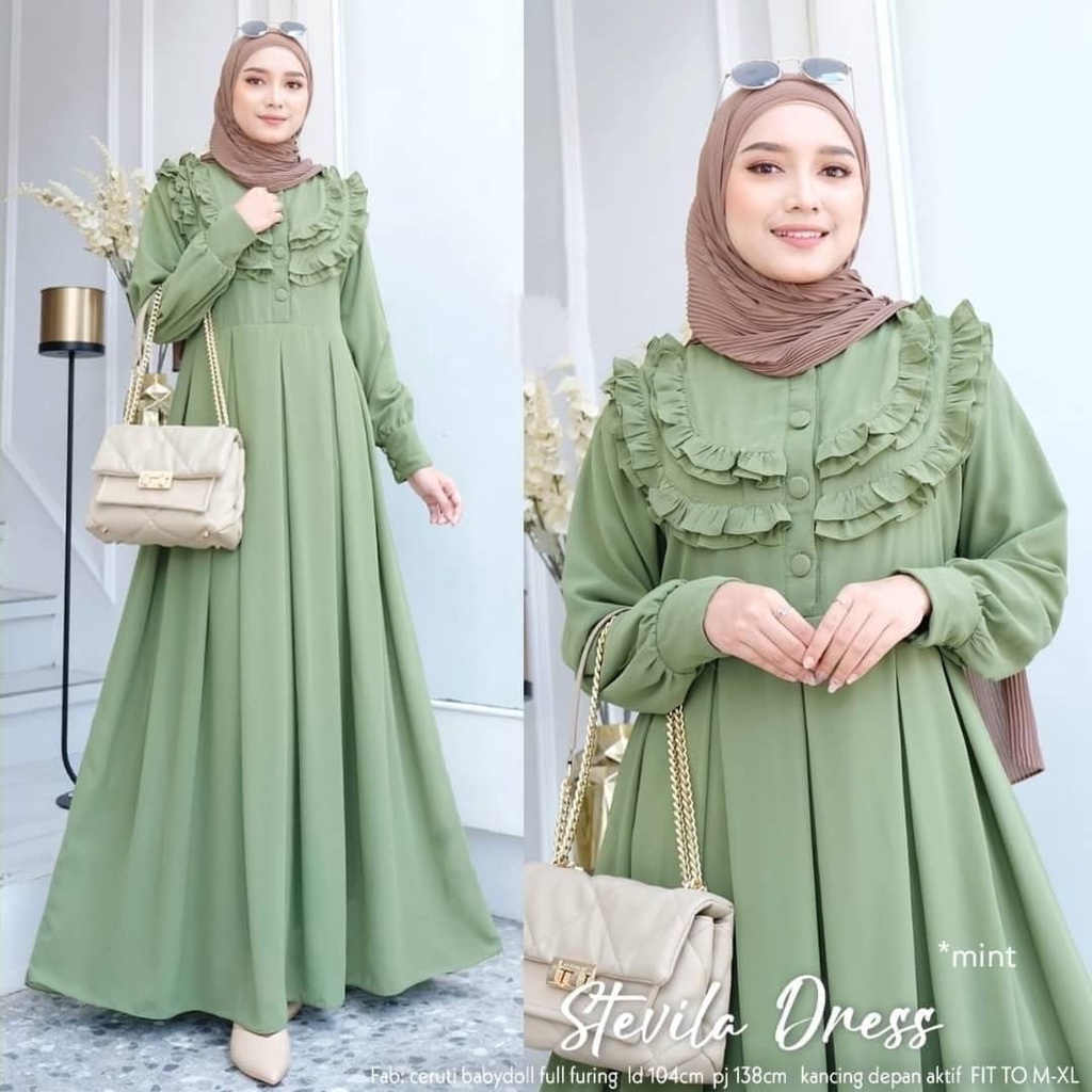 Stevila Dress Maxi Gamis Kondangan Wanita Elegant Dress Busui Aplikasi Renda Fashion Muslim Style Hijab Termurah