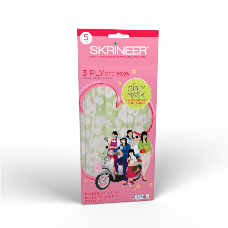 Skrineer Girly Mask 5 Pcs 3 Ply Earloop Motif Original Free 1 Pengikat Masker Silikon