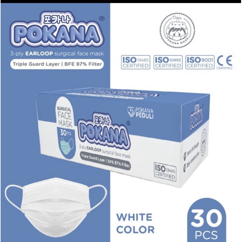 Masker Pokana 3ply earloop surgical face mask warna Putih