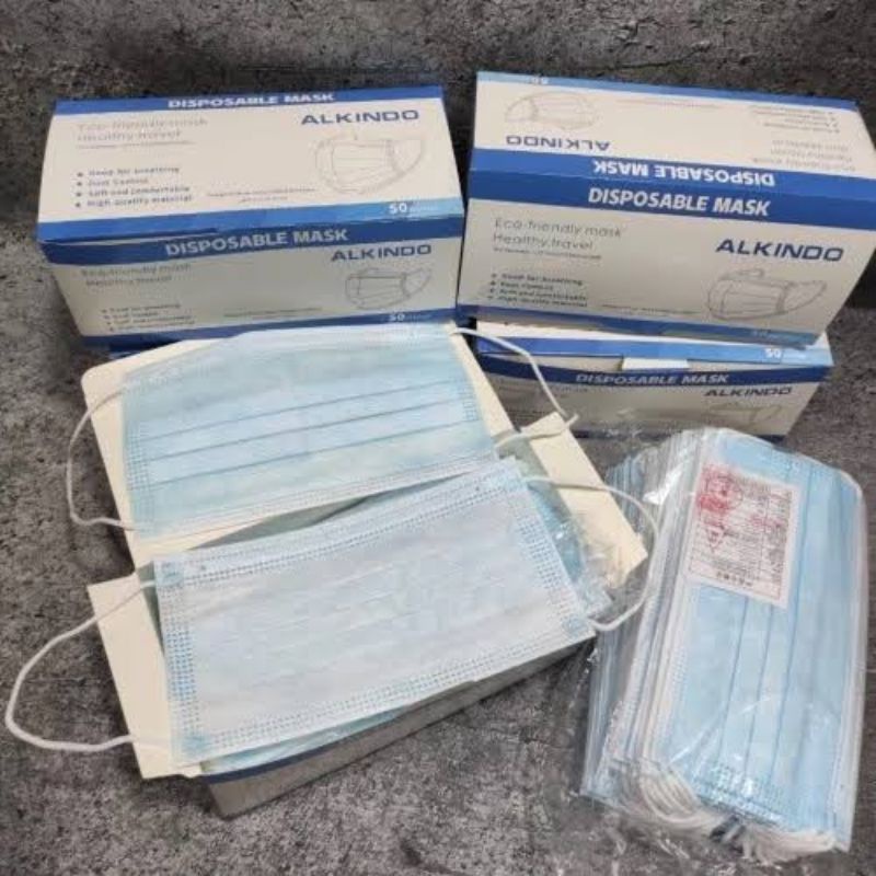 MASKER MEDIS ALKINDO WARNA BIRU EARLOOP 3 PLY SURGICAL MASK