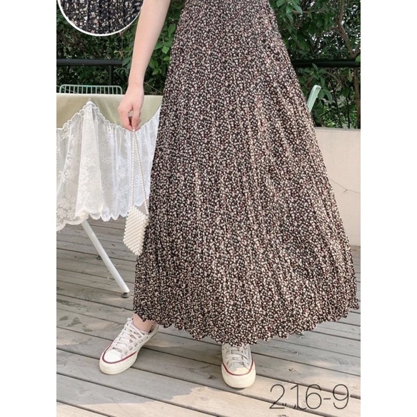 Korean Chiffon Flower Pleated Long Skirt with Gold List Import Premium ( Rok Bunga Korea Prisket Panjang )