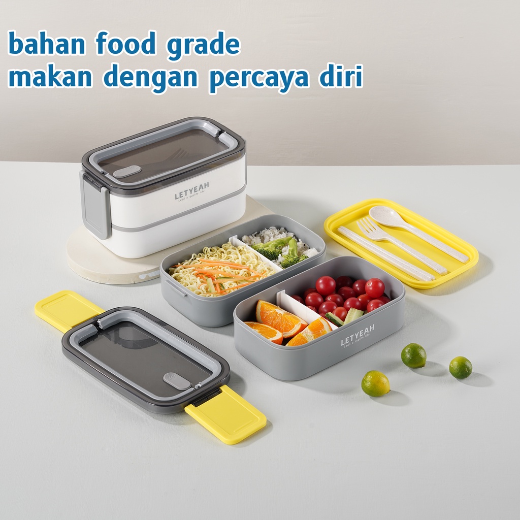 Letyeah &amp; Anantagt Kotak makan 2 susun plastik 1600ML Anti Bocor Sendok Dan Sumpit/Tempat Makan Microwaveable