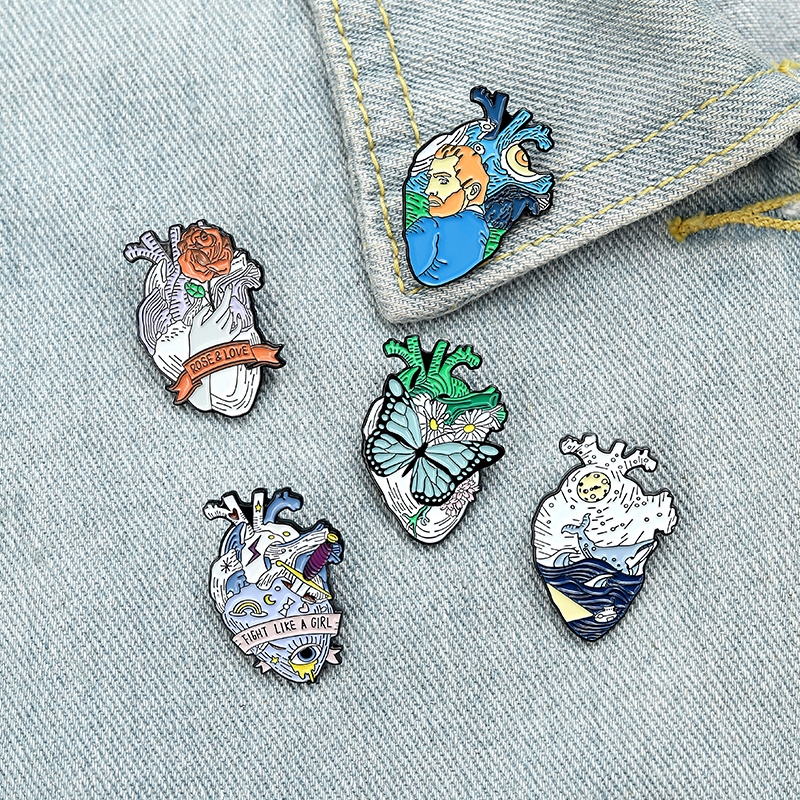 Bros Pin Enamel Bentuk Hati Desain Van Gogh Starry Night Wave Universe Broken Hug Rose Untuk Tas