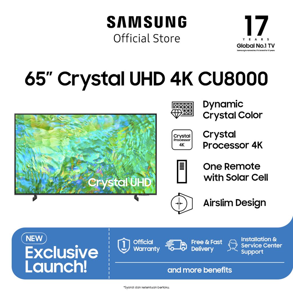 Samsung Smart TV 65 inch Crystal UHD CU8000 dengan Dynamic Crystal Color - UA65CU8000KXXD