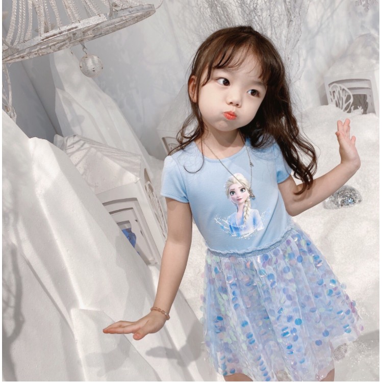 Baju Dress Anak Princess Frozen Elsa Anna Sequin Sparkle Impor