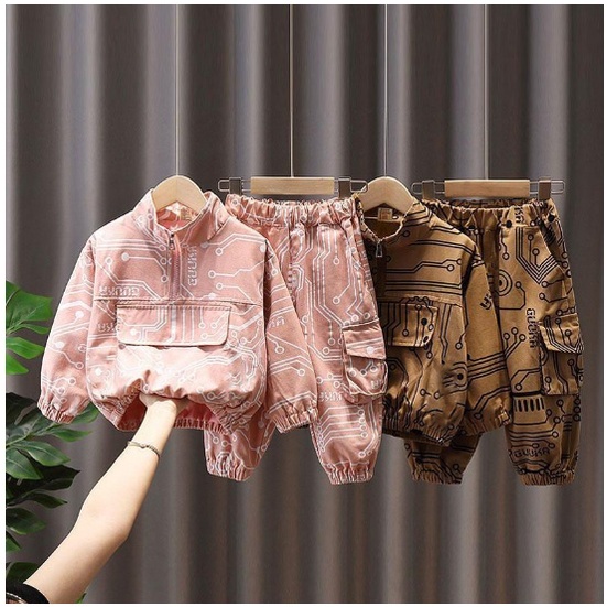 Baju Setelan Anak Cowok Lengan Panjang CELANA JOGER Impor PREMIUM QUALITY- COKLAT PINK ROBOTIC