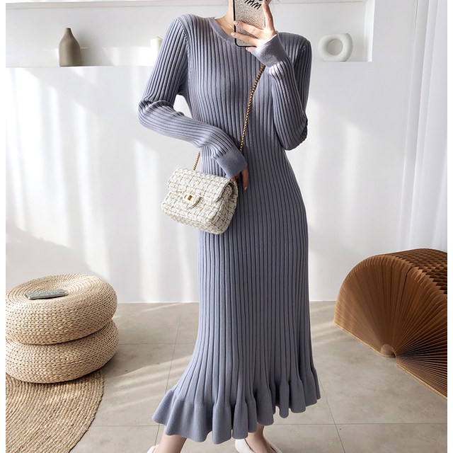 Elma Dress Rajut Kriwil / Long Dress Knit Bodycon Lengan Panjang Wanita