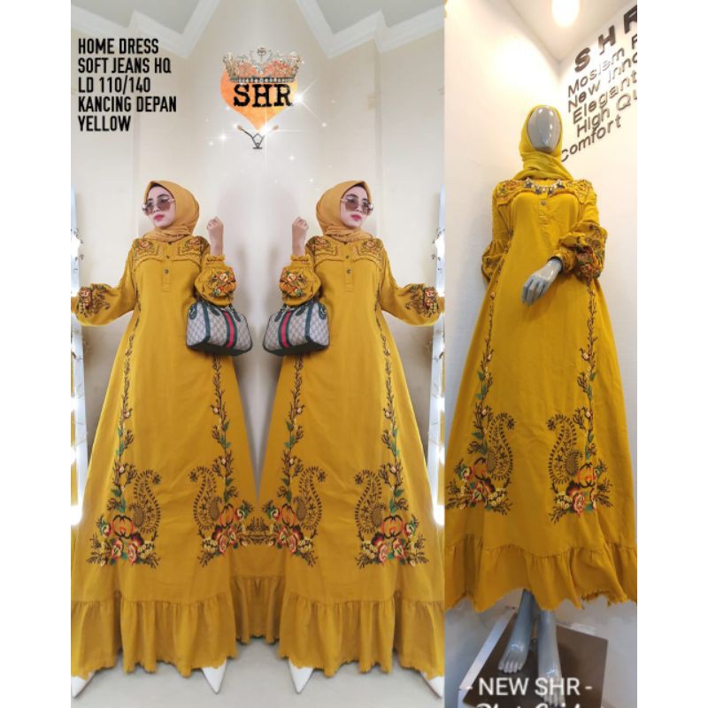 New dress maxi SHR 100% JEANS import bordir syahira