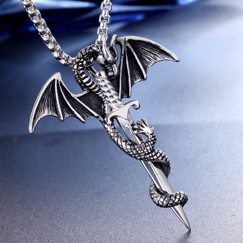 Pria Mode Vintage 316L Stainless Steel Suku Gothic Pterosaurus Pedang Naga Palang Pendant Biker Punk Kalung