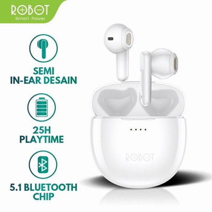 ROBOT AIRBUDS T10 BLUETOOTH HEADSET 5.1 WATERPROOF IPX5 - BLACK - Putih